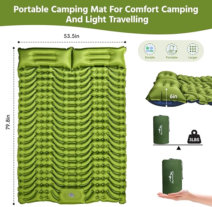 Double Sleeping Pad for Camping, Self Inflating 4" Extra Thick Camping Sleeping Pad for 2 Person with Pillow, Built-in Foot Pump, Portable Sleeping Mat for Backpacking, Hiking, Travel Tent