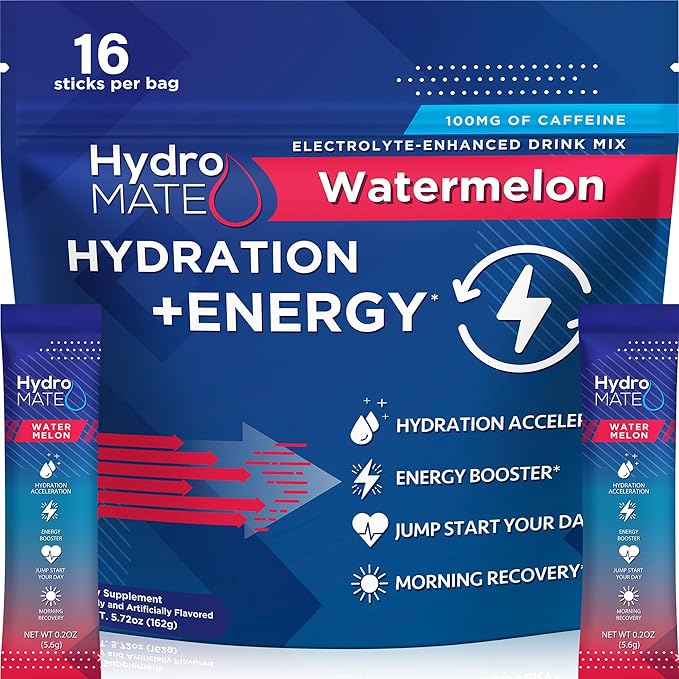 HydroMATE Electrolytes Powder Drink Mix Packets Hydration Accelerator Low Sugar Rapid Party Relief Recovery Vitamin C Plus Caffeine Watermelon 16 Count