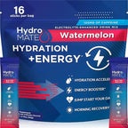 HydroMATE Electrolytes Powder Drink Mix Packets Hydration Accelerator Low Sugar Rapid Party Relief Recovery Vitamin C Plus Caffeine Watermelon 16 Count