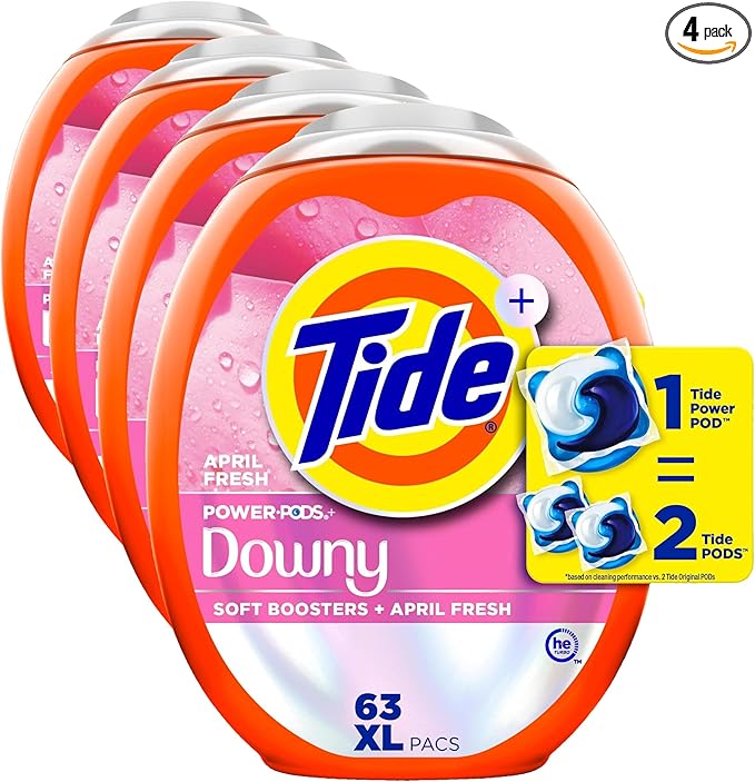 Tide Power PODs + Downy Laundry Detergent Pods, 63 Count, Soft Boosters + April Fresh (Pack of 4)