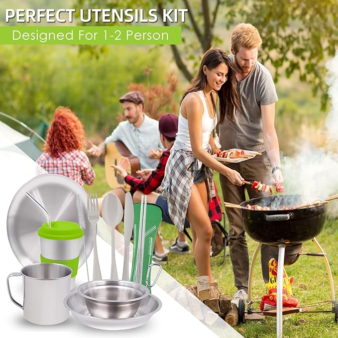Acelane Camping Mess Kit Camping Plates Dishes Stainless Steel Camping Utensils Set Tableware Dinnerware with Bowls Cups Cutlery 1-2 Person for Backpacking, Hiking, Picnic, BBQ, RV Travel