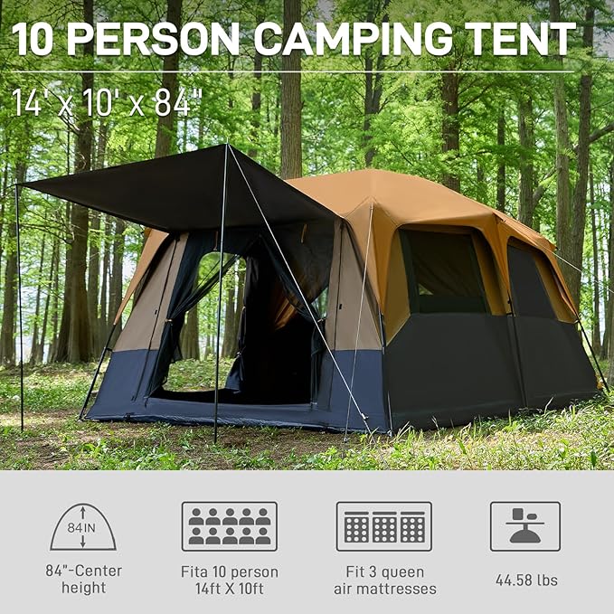 EVER ADVANCED 10 Person Camping Blackout Tent, Multi Room Tent for Family, Large Tents with Rainfly and Carry Bag, 2 Doors, Water-Resistant, 14ft x 10ft x 84in