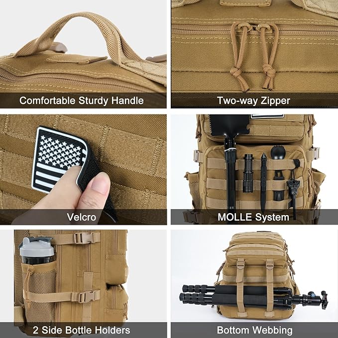 Military Tactical Backpack 25L Day Backpack for Men Molle Army 3 Days Assault Pack Bug Out Bag Water Resistant and Heavy Duty Hiking Treeking Rucksack - Brown