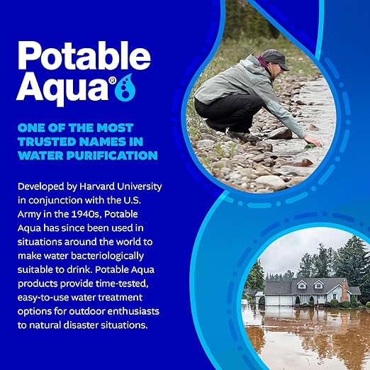 Potable Aqua Water Purification Treatment - Portable Drinking Water Treatment for Camping, Emergency Preparedness, Hurricanes, Storms, Survival, and Travel (50 Tablets), Black, single pack