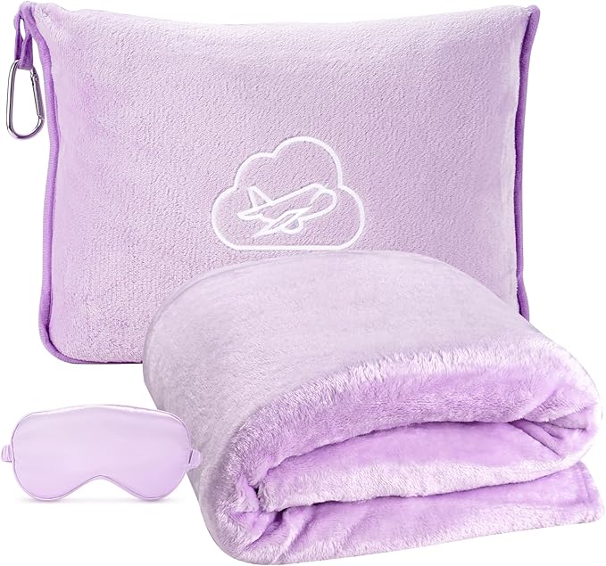 Travel Blanket, 3-in-1 Ultra-Soft, Warm & Lightweight Travel Blanket Airplane with Bag, 65x40 in, Airplane Travel Essentials for Women, Men & Kids with Eye Mask, Luggage Sleeve & Backpack Clip