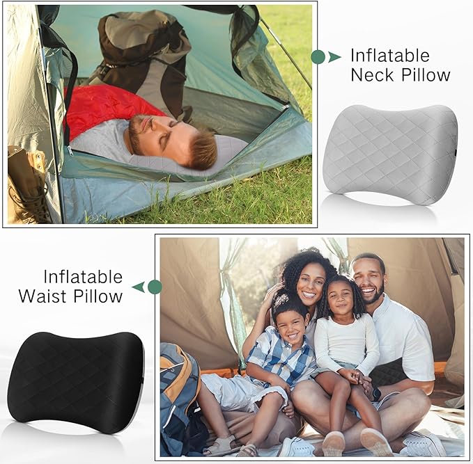 2 Pack Inflatable Travel Camping Pillow with Removable Cover Backpacking Blow up Neck Air Pillow Compressible for Lumbar Support Travel Hiking(Black,Grey)