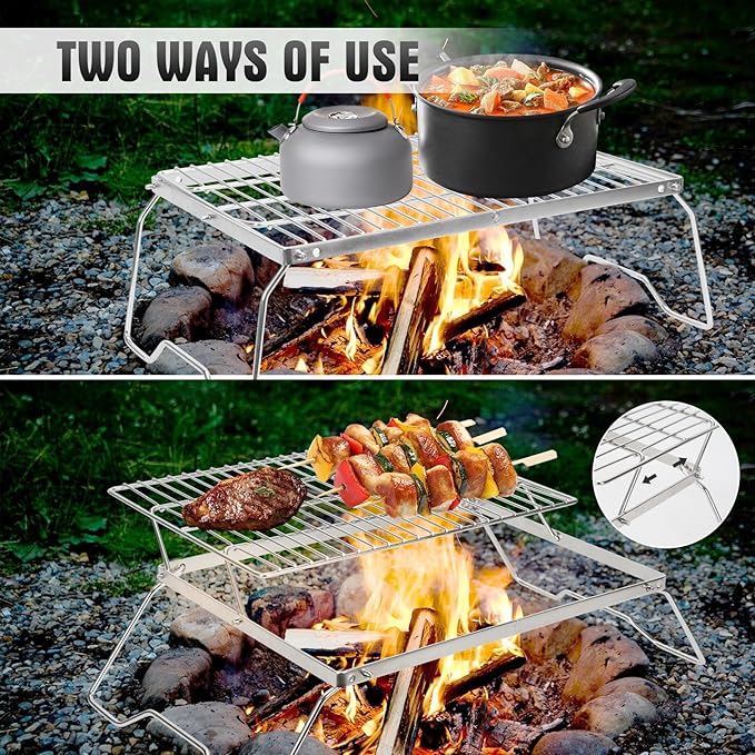 ZORMY 17" Large Folding Campfire Grill, 304 Stainless Steel Firepit Grill Grate, Heavy Duty Portable Camping Grill with Carrying Bag, Gas BBQ Grill Grate for Backpacking, Hiking, Picnics (Double)