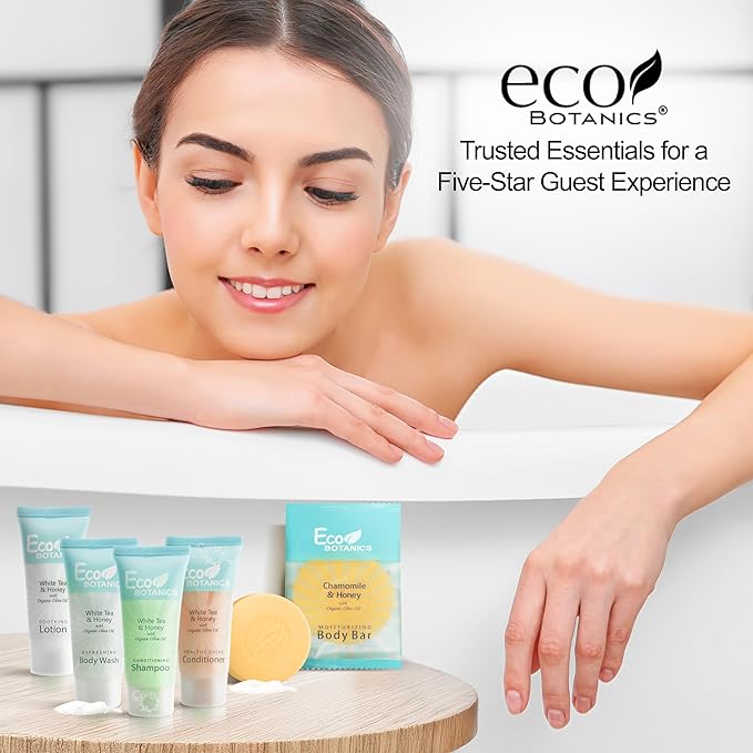 Travel Size Hotel Toiletry Set 75 Count 0.85 oz Bottles Guest Amenities for Airbnb Vacation Rentals and Short Term Rentals Paraben Free White Tea Scent Infused with Aloe and Olive Oil by Eco Botanics