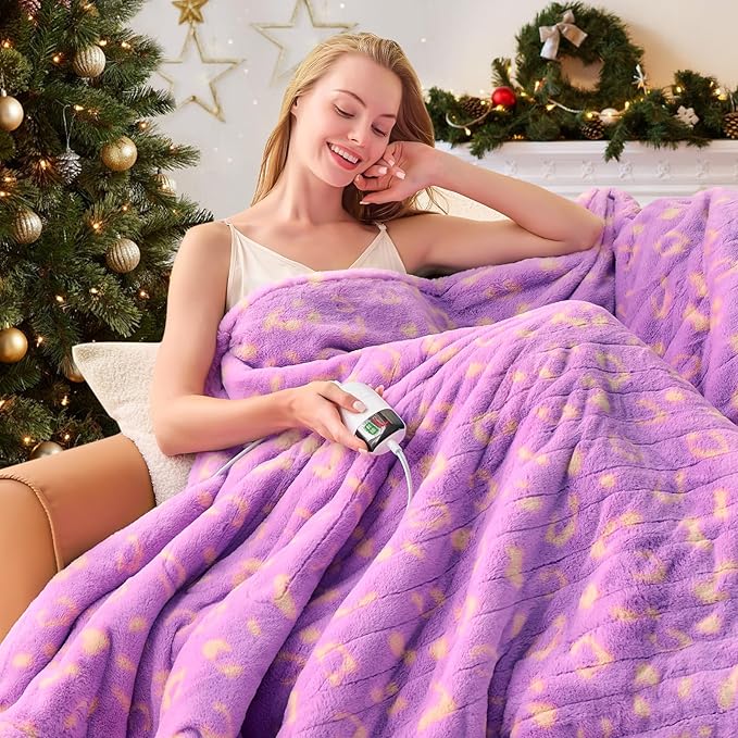 Leopard Print Heated Electric Blanket Full Size,72X84 Purple Heating Blanket with 10 Heats Levels & 8 Hours Auto Off,Cute Fleece Sherpa Blankets Warmer Gifts for Women Adults,Washable,ETL