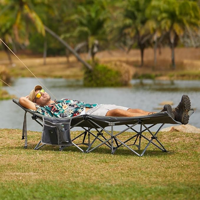 FUNDANGO Camping Cot for Adults, Padded Camp Cots for Sleeping Portable Camping Bed for Outdoor Travel Folding Cot Heavy Duty with Carry Bag, Gray