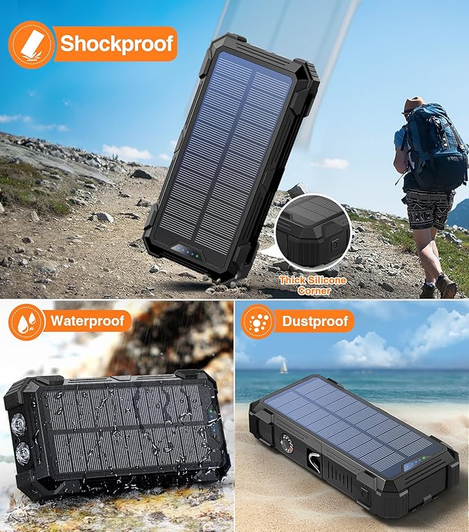Solar Charger Power Bank, 42800mAh Wireless Portable Charger with USB-C in/Output, QC3.0 Fast Charging 15W 4 Ports Outdoor Battery Pack Built-in LED Flashlight, for iPhone, Galaxy, iPad etc