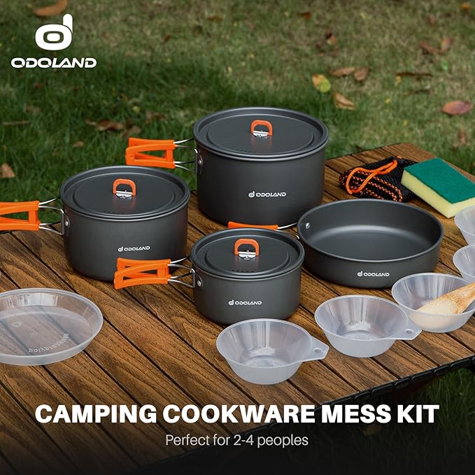 Odoland 15pcs Camping Cookware Non-Stick Lightweight Camping Pots and Pans Set with Plastic Plates Bowls Soup Spoon for Camping, Backpacking, Outdoor Cooking and Picnic