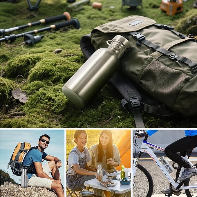 Volhoply 20oz Stainless Steel Water Bottle with Handle,Non Insulated Single Wall, Dishwasher Safe No Plastic 18/8 304 Metal Water Bottles with Wide Mouth for Camping, Hikers, Cyclists