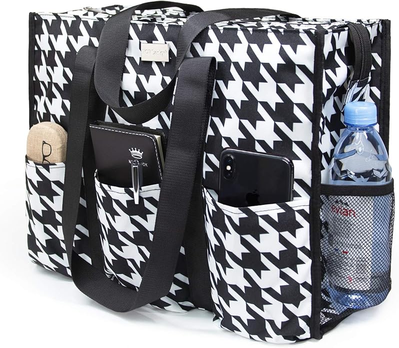 TOPDesign Utility Water Resistant Tote Bag with 13 Pockets, Top Zipper Closure & Thick Bottom Support, for Working Women