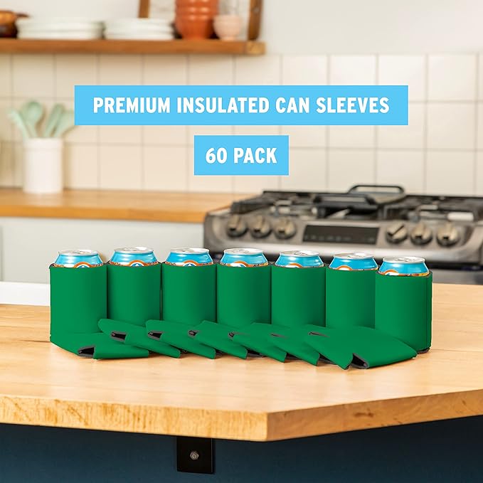 Blank Beer Can Cooler Sleeves (60-Pack) Soft Insulated Beer Can Coolies - HTV Friendly Blank Koolies in Bulk for Beer Cans & Bottles - Coolie Blanks for Vinyl Projects & Wedding Favors (Kelly Green)