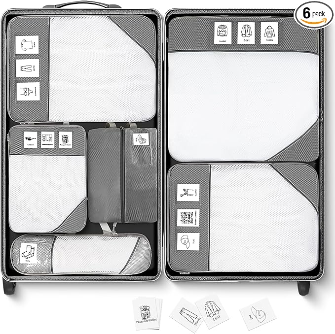 Compression Packing Cubes for Travel 6 Set Expandable Packing Organizers Durable Luggage Bags Organizers for Suitcases Travel Accessories (Gray)