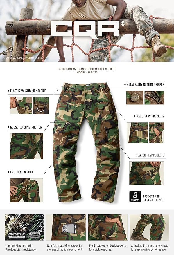 CQR Men's Flex Ripstop Tactical Pants, Water Resistant Stretch Cargo Pants, Lightweight EDC Hiking Work Pants