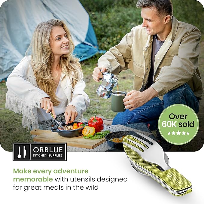 Orblue 4-in-1 Camping Eating Utensils, 2-Pack - Portable Spoon, Fork, Knife & Bottle Opener Combo Set - Stainless Steel Flatware with Detachable Fork - Travel, Backpacking Cutlery Multitool, Green