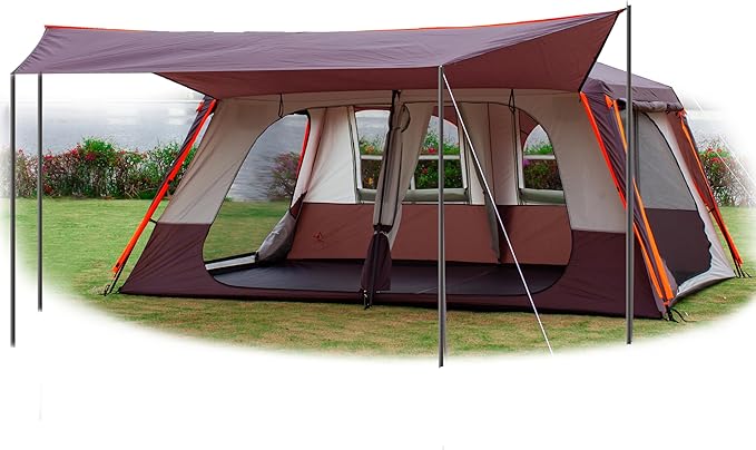 KTT Extra Large Tent 12 Person,Awning Family Cabin Tents,2 Rooms,3 Doors and 3 Windows with Mesh,Straight Wall,Waterproof,Double Layer,Big Tent for Outdoor,Picnic,Camping,Family Gathering