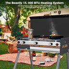 CAMPLUX 2 Burners & 1 Grill Propane Camping Stove, 15,000 BTU Portable Outdoor Propane Camping Grill Burner with Free Standing Legs, Auto-Ignition Gas Stove with Regulator, Black