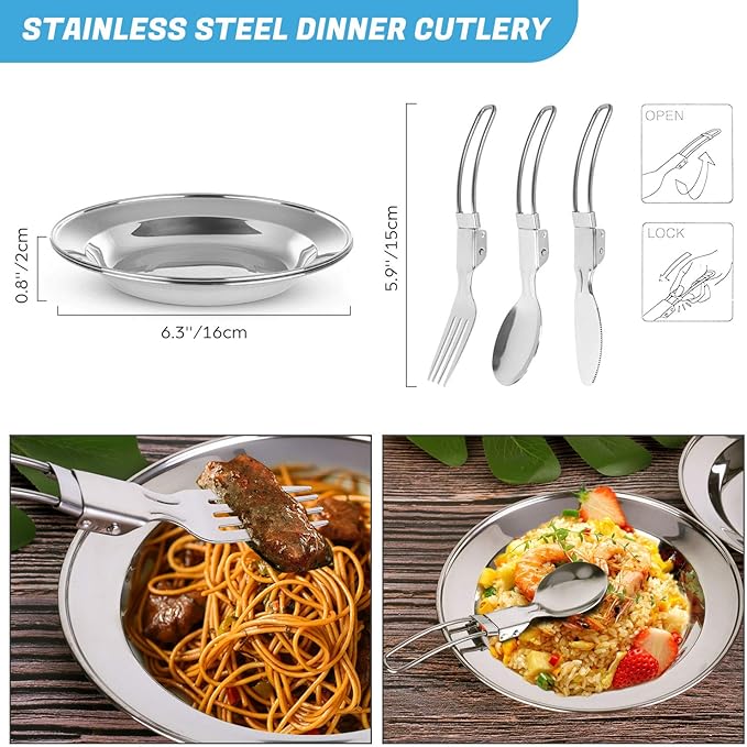 Odoland 15pcs Camping Cookware Mess Kit, Non-Stick Lightweight Pots Pan Set with Stainless Steel Cups Plates Forks Knives Spoons for Camping, Backpacking, Outdoor Cooking and Picnic