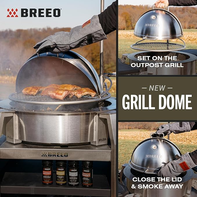 Breeo Grill Dome and Outpost Grill Bundle – Hinged Stainless Steel Dome w/Built-in Thermometer, Griddle Accessories Kit, Outdoor Set for Live-Fire Cooking – Fits X/19, Y Series