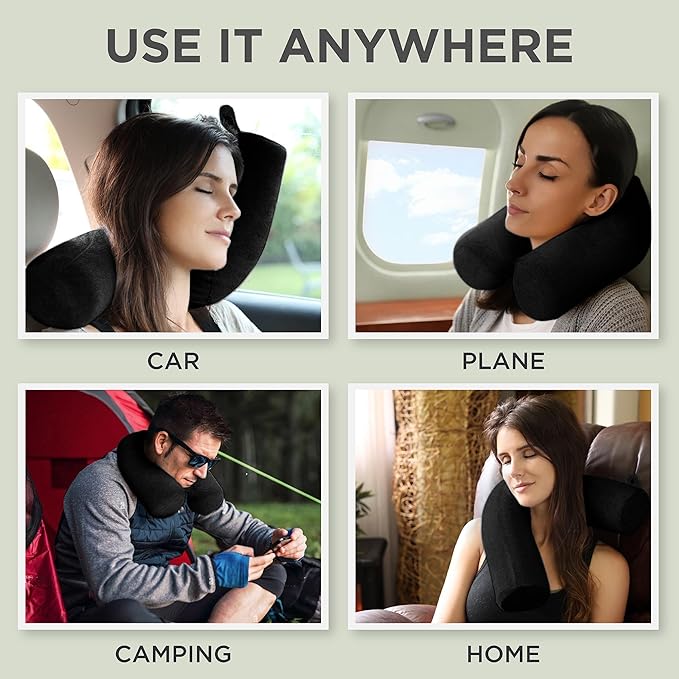 Dot&Dot Twist Memory Foam Travel Pillow for Airplanes - Travel Neck Pillow for Sleeping - Airplane Pillow for Neck Support, Chin, Lumbar and Leg - Adjustable, Bendable Neck Roll Pillow (Onyx)