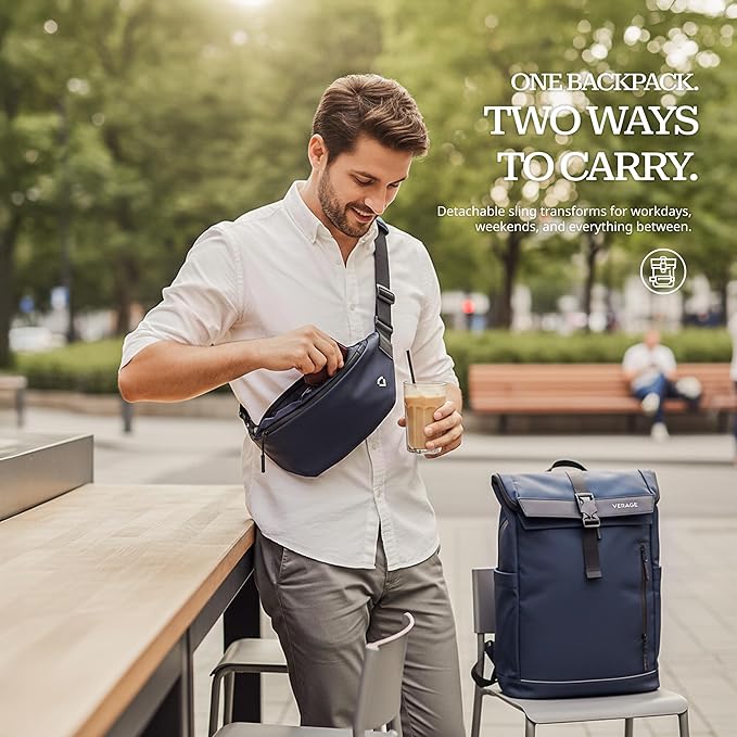 Verage Pulse 2-in-1 Roll Top Laptop Backpack 16″ with Detachable Everyday Sling Bag, Personal Item Size, Expandable Water-Resistant Travel Backpack for Airplane, Work & Daily Commute – Navy