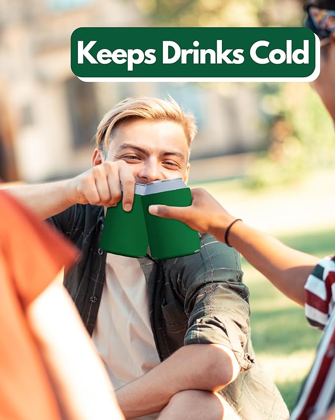 PartyPrints 100 Pack Kelly Green Blank Can Cooler Sleeves, Customizable Bulk Insulated Foam for Beer, Collapsible Plain Drink Holder, Cold Soda Insulator, 12oz Regular, 16oz Tall Cans