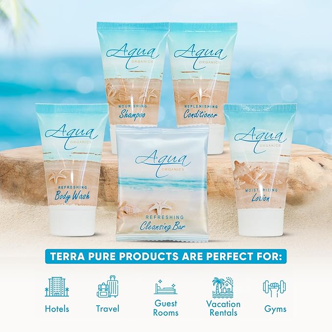 Aqua Organics Hotel Soaps & Toiletries Bulk Set | 1-Shoppe Amenities Kit | 1oz Shampoo & Conditioner, Body Wash, Lotion, 1oz Bar Soap | Travel Size | 75 Pieces
