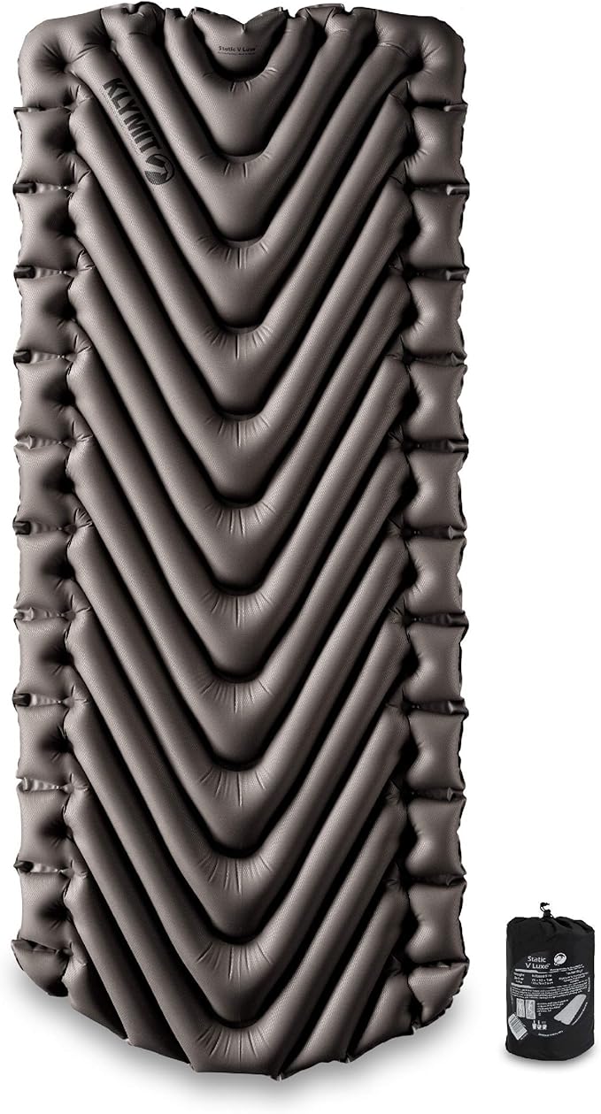 Klymit Static V Luxe Sleeping Pad, Lightweight Lofted Camping Air Mattress for Tents and Cars with Body Mapping Tech, 3 In Thick Grey
