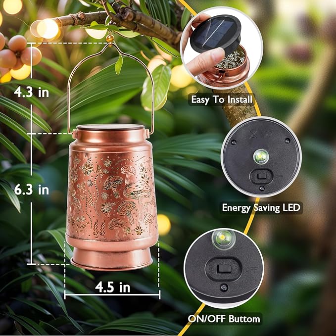 Homemory Solar Lanterns Mushroom Lights Outdoor Waterproof Garden Decor Women Gifts for Birthday, LED Hanging Solar Lights Metal Lantern Decoration Outside for Yard, Patio, Backyard, Porch, Lawn