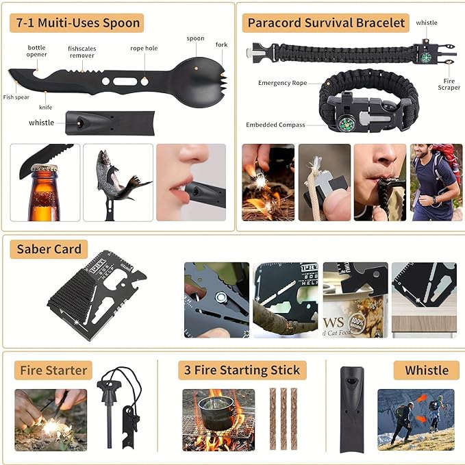 Survival Kit, 252Pcs Survival Gear First Aid Kit with Molle System Compatible Bag and Emergency Tent, Emergency Kit for Earthquake, Outdoor Adventure, Hiking, Hunting, Gifts for Men Women (Black)