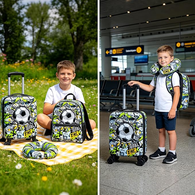 Rosamo Kid’s Luggage Set 6 Piece Suitcase Set 16" Hardside Luggage with Spinner Wheels Girls Boys Carry on Luggage Travel Rolling Luggage Airline Approved (Soccer)