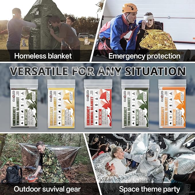 SecuCaptain Survival Emergency Thermal Blankets: Extra Large 84” x63” Space Mylar Blanket Kit for Outdoor Cold Winter Camping Hiking Car Bug Out Bag or First Aid - 4 Pack Amygreen