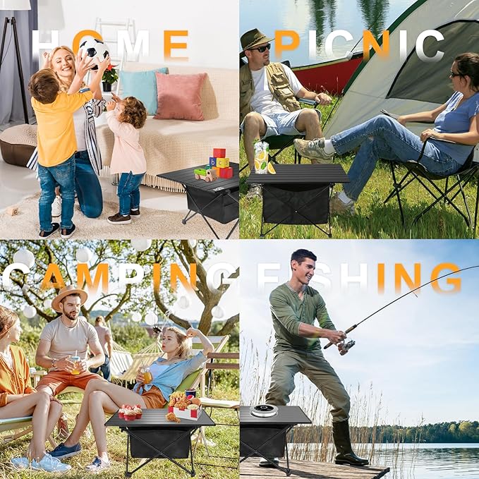 Folding Camping Table, Compact Ultralight Aluminum Design Portable Camping Table with with Storage Basket and Carring Bag for Camping Hiking BBQ Picnic Outdoor Cooking 22" Black