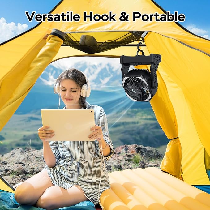 LED Lantern with Camping Fan, 20000mAh Rechargeable Portable Fan, 58H Cooling, Tilt Head, 4 Speed Floor Fan with LED Light and Hook for Tent Car Travel Jobsite Fishing Outdoor Hurricane Power Outage