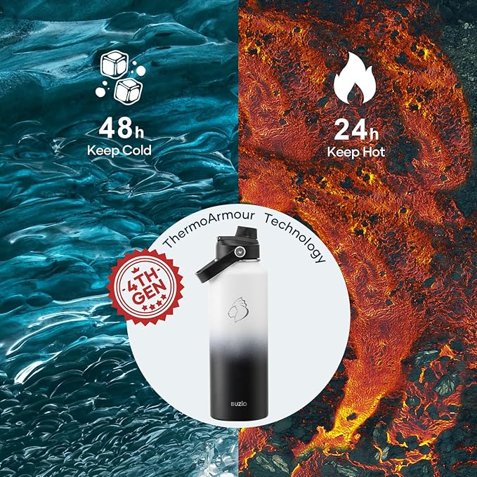 BUZIO Insulated Water Bottle with Straw Lid and Flex Cap, 40oz Modern Double Vacuum Stainless Steel Water Flask, Cold for 48 Hrs Hot for 24 Hrs Simple Thermo Canteen Mug, White and Black