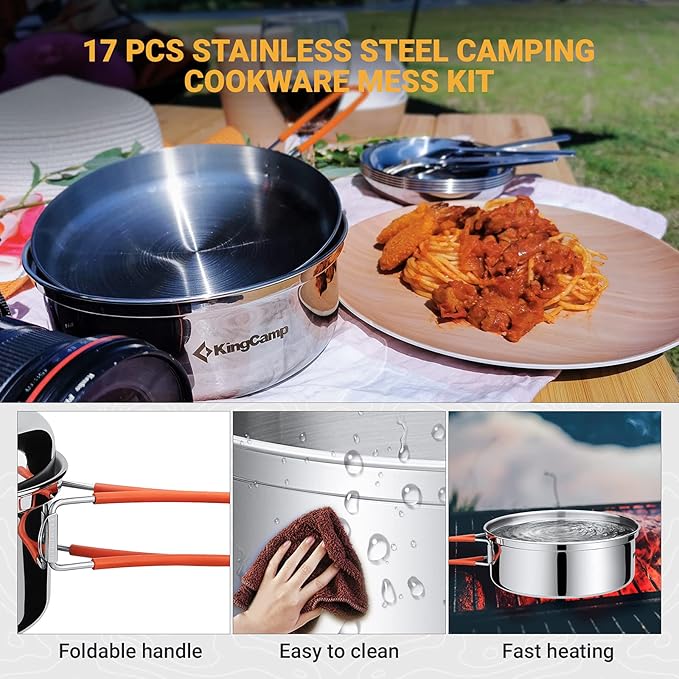 KingCamp Camping Cookware, Lightweight Cook Set Non-Stick Stainless Steel Essentials Mess Kit with Pot Pan Cups Plates Forks Knives Spoons for Camping Backpacking Outdoor Picnic