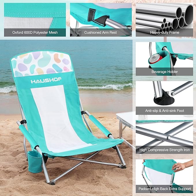 HAUSHOF High Back Beach Chair, Mesh Back Folding Chair, Lightweight Low Seat Camping Chairs with Cup Holder, Carry Bag, Padded Armrest for Outdoor Beach Lawn Camping Picnic Festival
