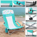 HAUSHOF High Back Beach Chair, Mesh Back Folding Chair, Lightweight Low Seat Camping Chairs with Cup Holder, Carry Bag, Padded Armrest for Outdoor Beach Lawn Camping Picnic Festival