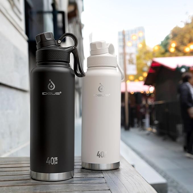 IDEUS Insulated Stainless Steel Water Bottle with 2 Leak-Proof Lids, Thermal Water Flask for Hiking Biking, 40oz, White