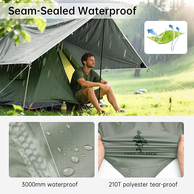 FREE SOLDIER Camping Tarp Waterproof Portable Multifunctional Outdoor Traveling Awning Backpacking Shelter Rain Tarp (Bean Green 10×10.5ft)