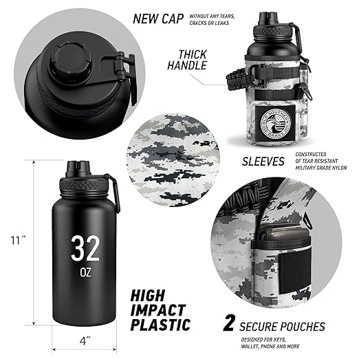 Combat Canteen - 32oz Insulated Water Bottle with Paracord Handle, Stainless Steel Water Jug with Rugged Pockets for Keys, Wallet & Phone - White Digital - Old Southern Brass