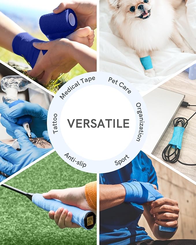 FriCARE Self Adhesive Bandage Wrap, Medical Tape in First Aid Kit, Cohesive Bandages for Wounds Sport Vet, 2 Inches X 5 Yards 6 Rolls, Ocean