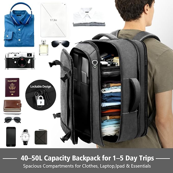 Comfort Travel Backpack,Expandable Carry on Backpack 1-5 Days with LifetimeWarranty,Fits 17.3" Laptop Notebook,Water Resistant Weekender Backpack Flight Approved for Men Hiking,College Travel,Grey