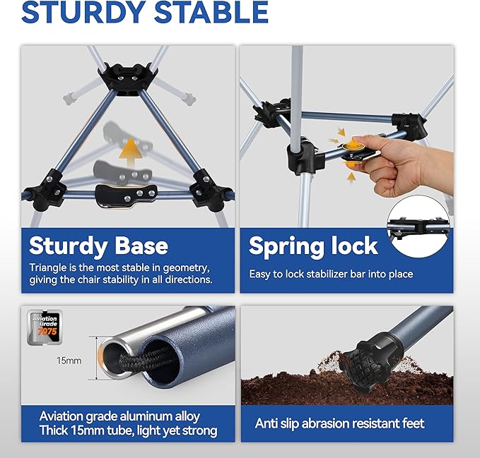 MARCHWAY Lightweight Folding Camping Chair with Spring Lock, Stable Compact Portable for Outdoor Camp, Travel, Beach, Picnic, Festival, Hiking, Backpacking (Lowback Dark Blue)