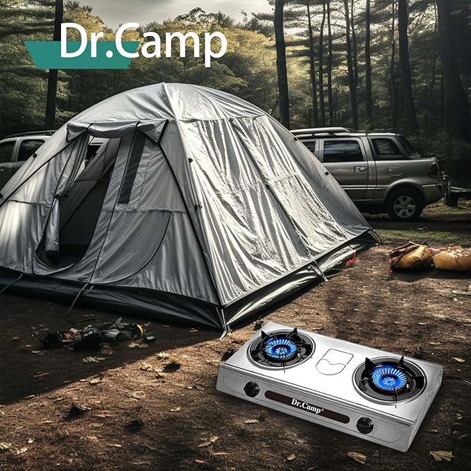 30000 BTU 2 burner outdoor garden camping camp hiking propane stove cooker grill with CSA listed regulator and gas hose, gray color