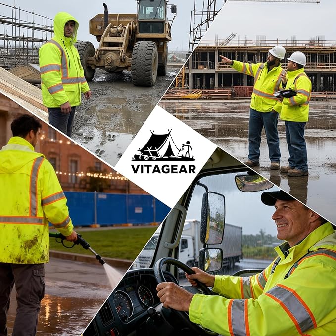 High Vis Reflective Safety Rain Jacket for Men, Class 3 Hi Vis Rain Gear for Construction Workers (Yellow,L/XL)