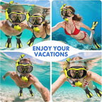 Snorkeling Gear for Adults Men Women, 3 in 1 Snorkel Set with Panoramic View Diving Mask Anti-Fog Anti-Leak, Snorkel Mask Dry Top Snorkel Fins for Swimming, Snorkeling and Travel Diving